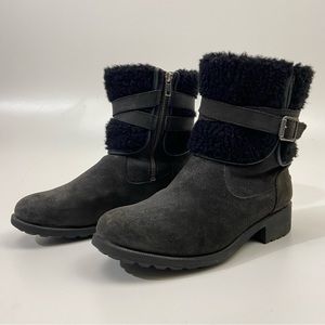 UGG Black Blayre III Boots Women's 10 Sheepskin Strappy Buckle Wool Heel 1095153